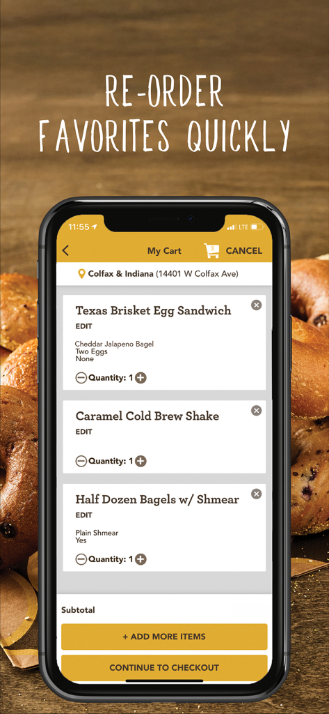 Einstein Bros Bagels - The Einstein Bros Bagels app My Cart screen showing a Texas Brisket Egg Sandwich and Caramel Cold Brew Shake ready for checkout.