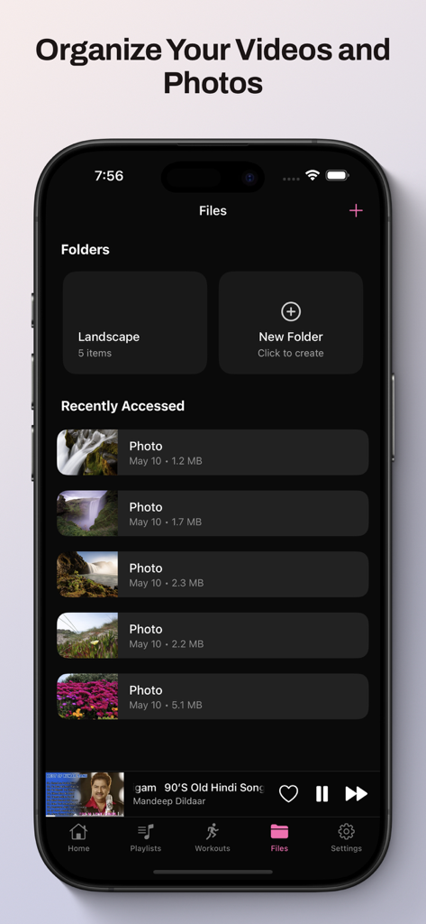 Offline Music Tube Browser - Interface of the Files section in the Offline Music Tube Browser app for organizing videos and photos into folders
