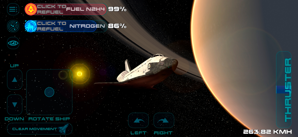 Space Simulator - Una navetta spaziale in orbita attorno a un pianeta con anelli in una simulazione di volo spaziale realistica.