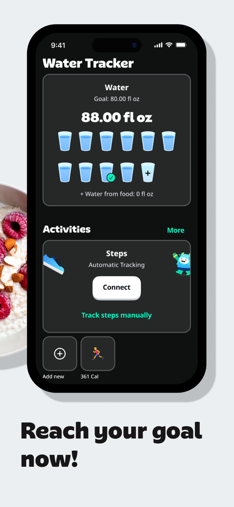 AI Calorie Tracker by Yazio - Yazioアプリの水トラッカーと歩数トラッキングインターフェース。