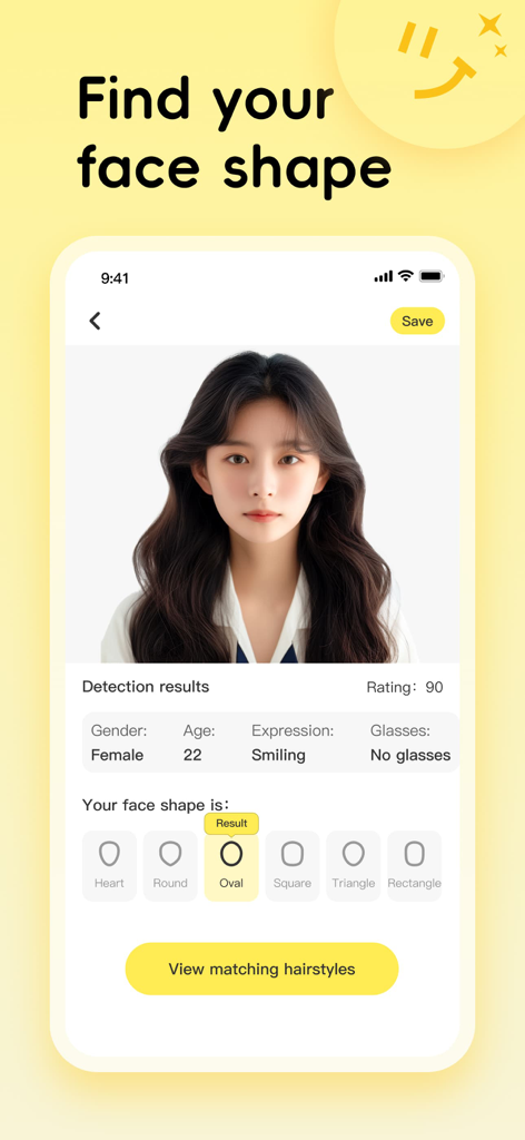 Hair Edit - App interface showing face shape analysis results for an oval face with a view matching hairstyles button