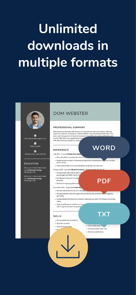 Vista previa de un currículum profesional que muestra opciones de descarga para formatos Word, PDF y TXT.
