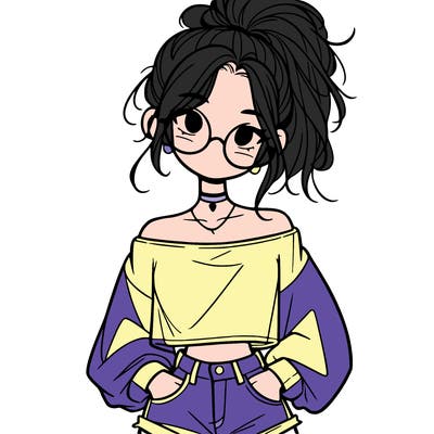 girl with a messy ponytail glasses a baggy crop top and jean shorts