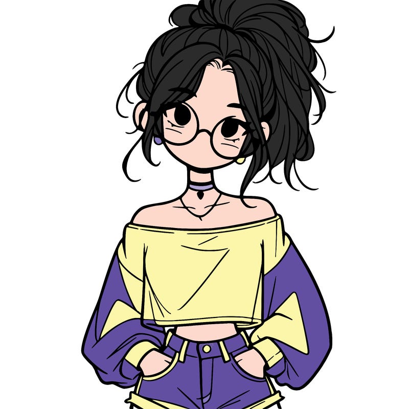 girl with a messy ponytail glasses a baggy crop top and jean shorts