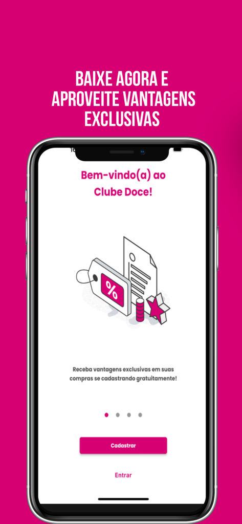 Clube Doce - Tela de boas-vindas do aplicativo Clube Doce exibindo botões de registro e login com ícones de recompensa de fidelidade