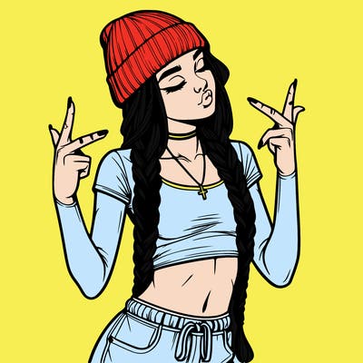 realistic teenage girl with braids and a beanie and crop top doing 🫶🏼