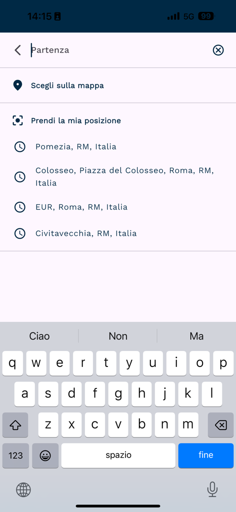 Departure search screen in the Astral Infomobilità app with location suggestions for Rome