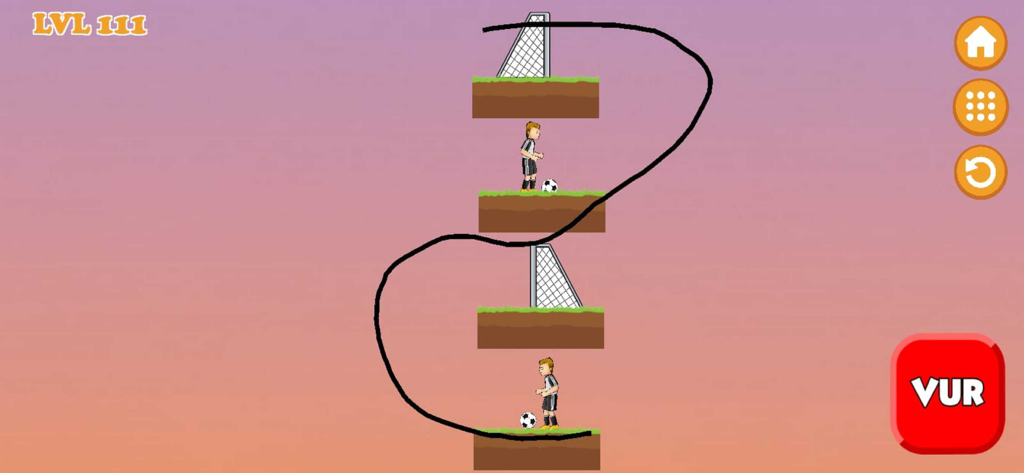 Soccer Moccer - A gameplay screenshot of Soccer Moccer showing a level where a line is drawn to guide a soccer ball into a goal
