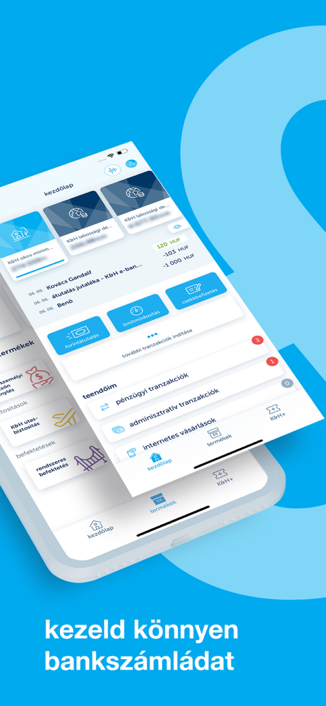 K&H mobilbank - Interface do aplicativo KH mobilbank em um smartphone mostrando detalhes da conta bancária húngara e recursos de gerenciamento