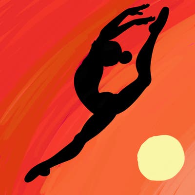gymnast doing a leap in a leotard with a bent back leg