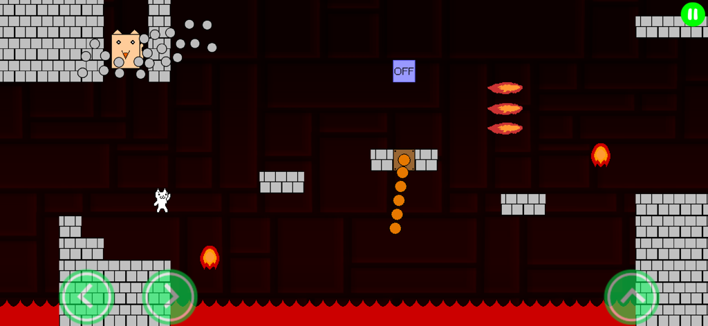 Gameplay of Syobon Action HD showing Cat Mario dodging fire traps and lava in a dungeon level