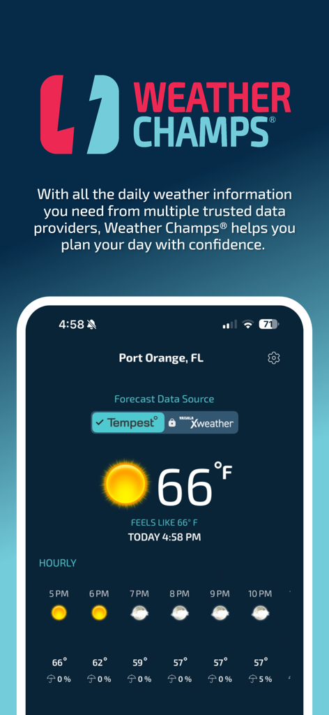 The Weather Champs app interface showing a local forecast of 66 degrees in Port Orange Florida with hourly updates.