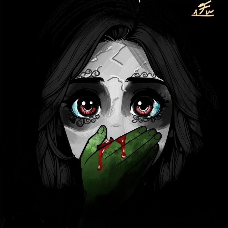 realistic girl covering her mouth with her hand wide eyed in shock and fear