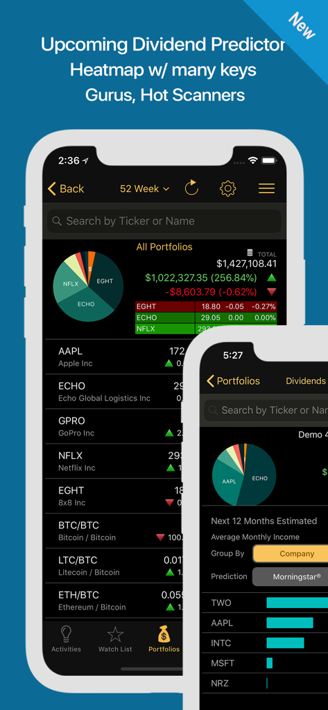 Stocks Live app interface showing portfolio pie chart and dividend predictor for serious investors