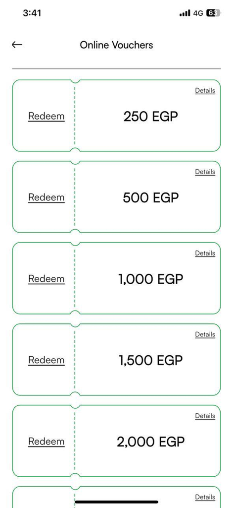 Mazaya and More - Una lista de vales en línea canjeables en varias cantidades de libras egipcias dentro de la interfaz de la aplicación Mazaya and More