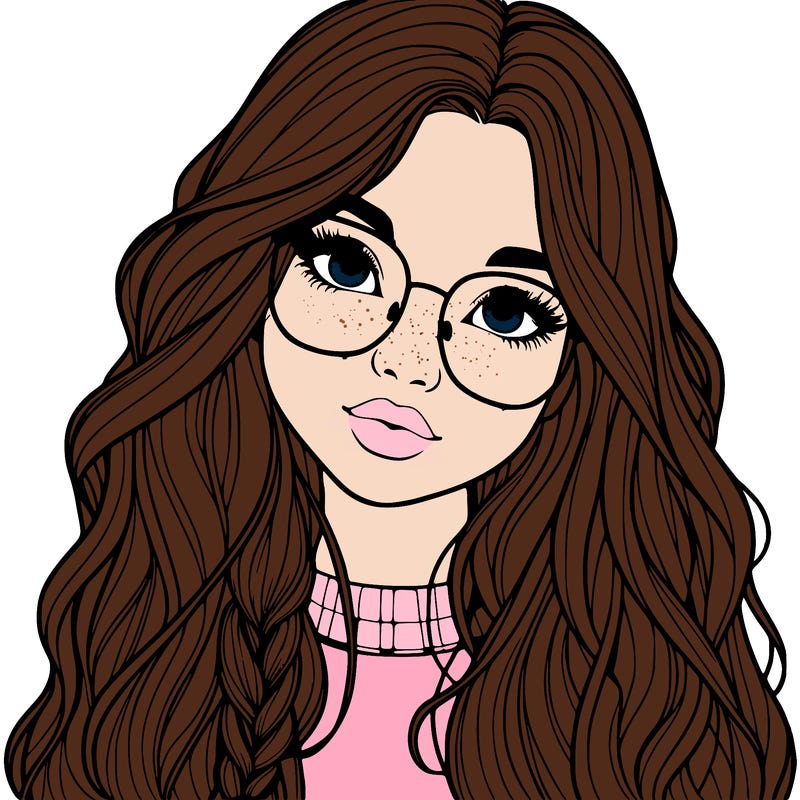 girl with long hair and freckles and glasses realistic