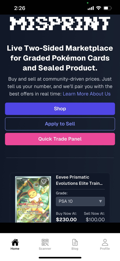 Misprint mobile app home screen showing a marketplace for graded Pokemon cards with shop, sell, and trade options.