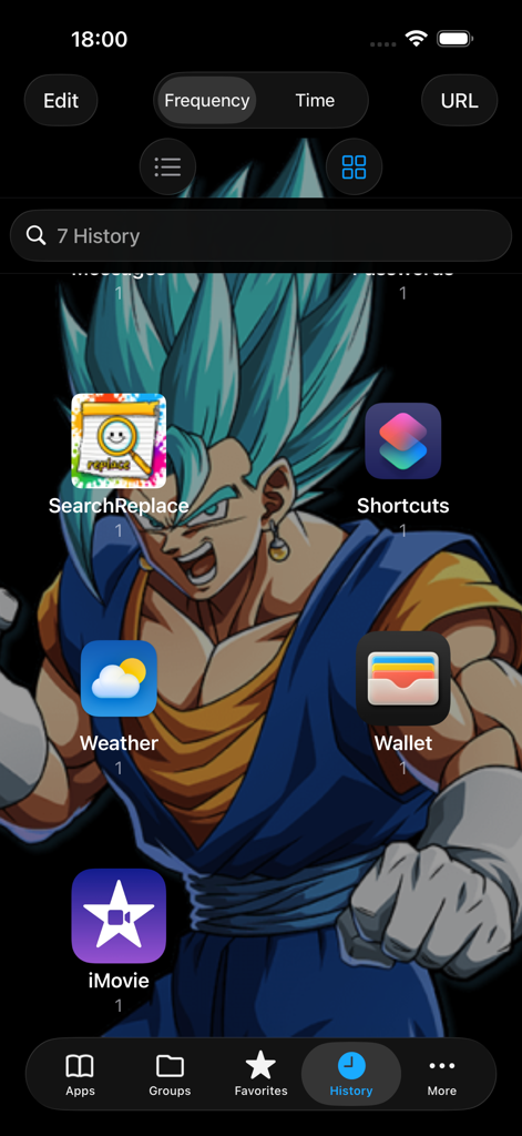 Interface of Shortcut Manager Pro app hub showing app shortcuts and history over a custom anime background
