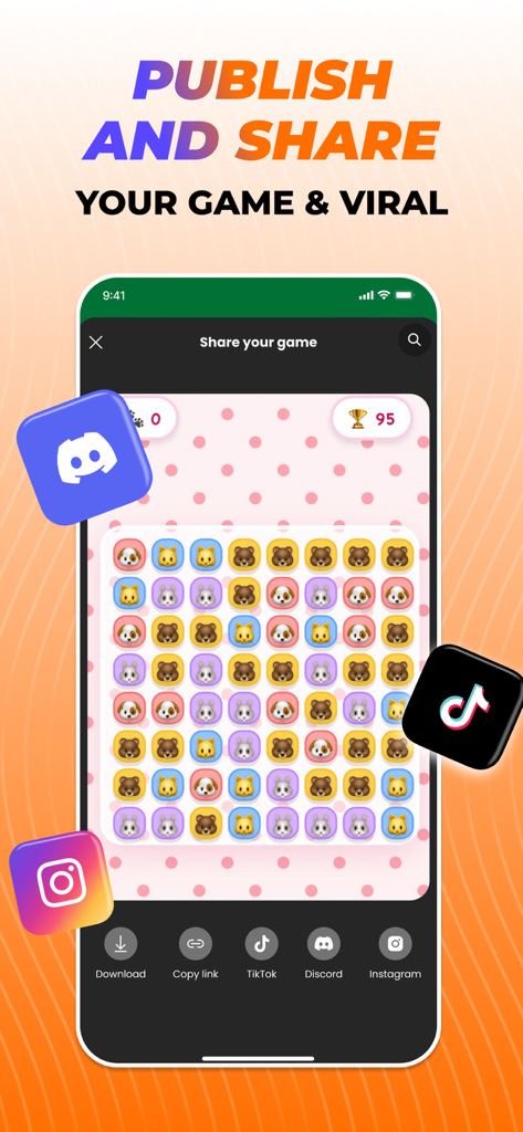 Rezona: AI Game Maker - Captura de pantalla de la app Rezona que muestra opciones para compartir juegos en TikTok, Discord e Instagram