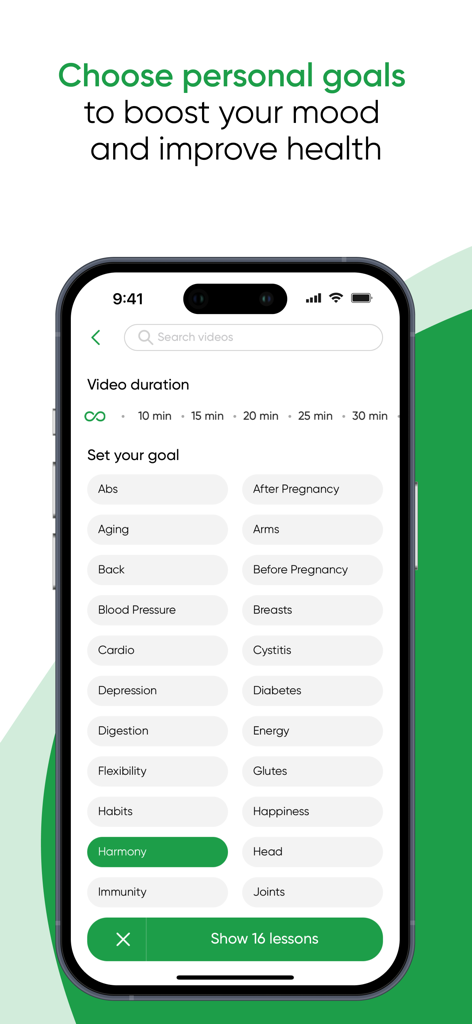 Yoga Club app interface showing a list of health and fitness goals like harmony, flexibility, and immunity to customize yoga practice