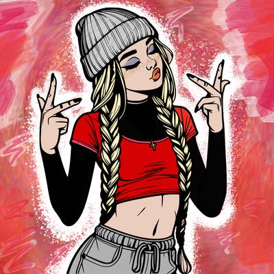 realistic teenage girl with braids and a beanie and crop top doing 🫶🏼