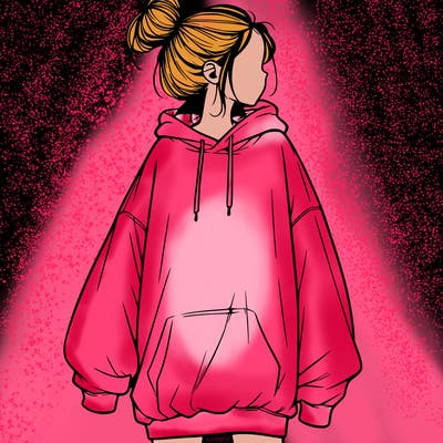 realistic girl with a oversized sweatshirt on and a bun