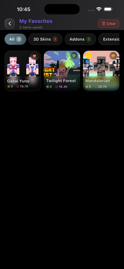 Favorites screen in the MCPE Skins and Addons app displaying saved Minecraft skins and mods