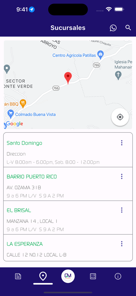 QM Courier - QM Courier mobile app screen displaying a map and list of branch locations with their operating hours.