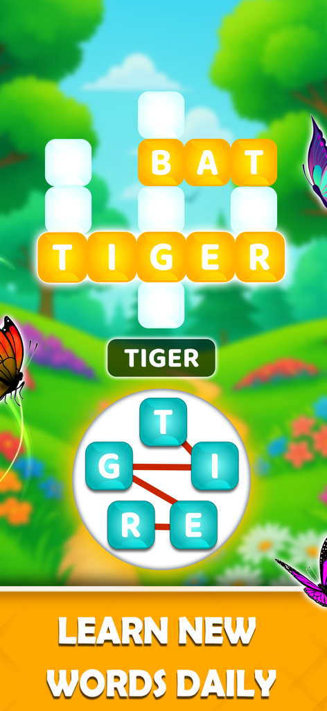 Word Fit - Game - Word Fit gameplay screen showing a crossword puzzle grid with the word tiger and a colorful nature background