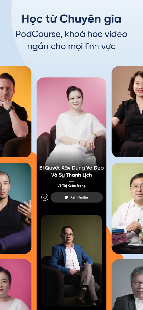 Fonos: Sách nói & PodCourse - Fonos app interface showing PodCourse video lessons from professional experts