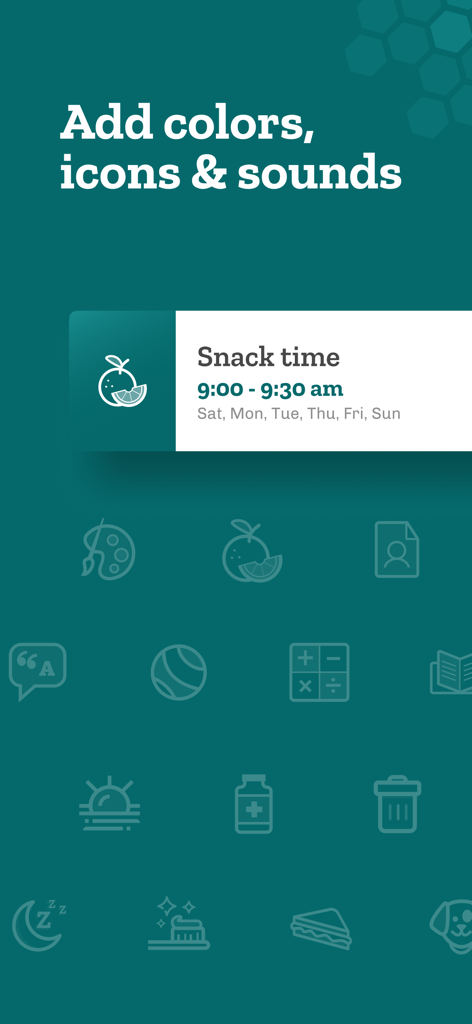 Bee Ready: Daily Reminders - Bee Readyアプリで、スナックタイムのリマインダーと、さまざまなカラフルなアクティビティ・アイコンを表示するインターフェース。