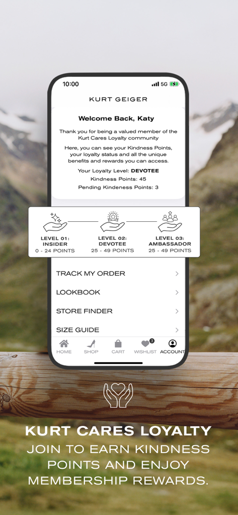 Kurt Geiger: Shop Shoes & Bags - Kurt Geiger app interface displaying Kurt Cares Loyalty points and membership reward levels