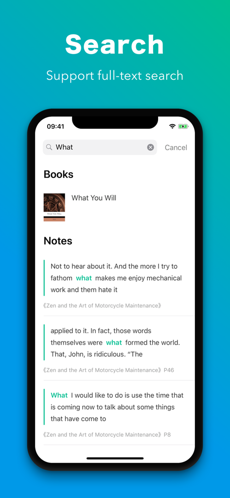 Screenshot of the Shelfie app showing full text search results for reading notes on an iPhone