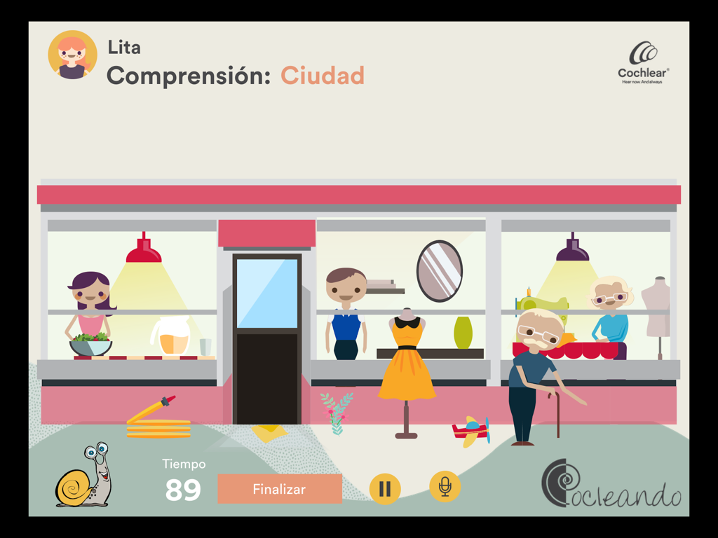 Pantalla de juego interactivo de comprensión de la ciudad en la aplicación Cocleando para entrenamiento auditivo pediátrico.