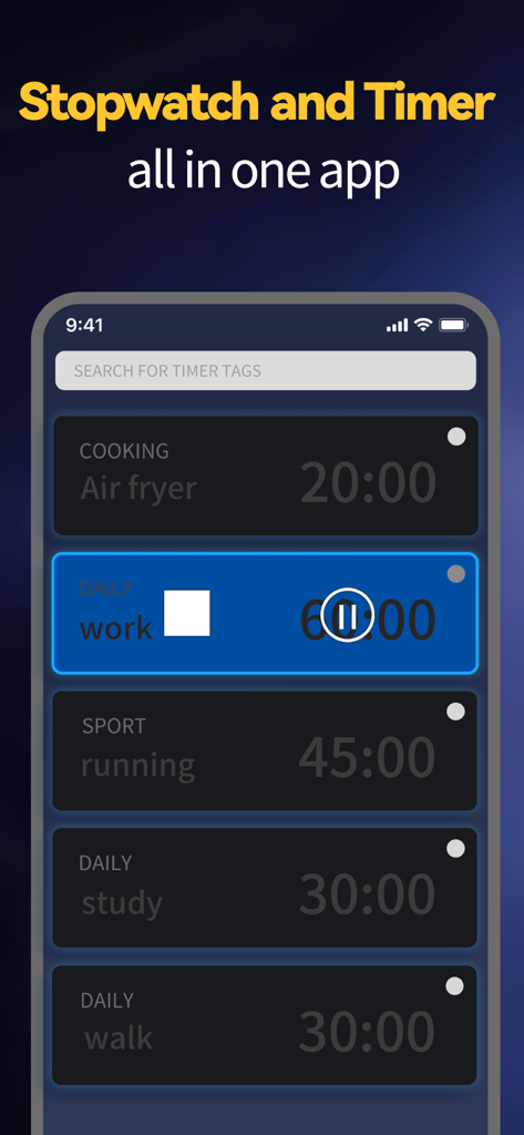Smart Alarm Clock-Focus&Sleep - Interface of the app showing various activity timers for work, study, and exercise.