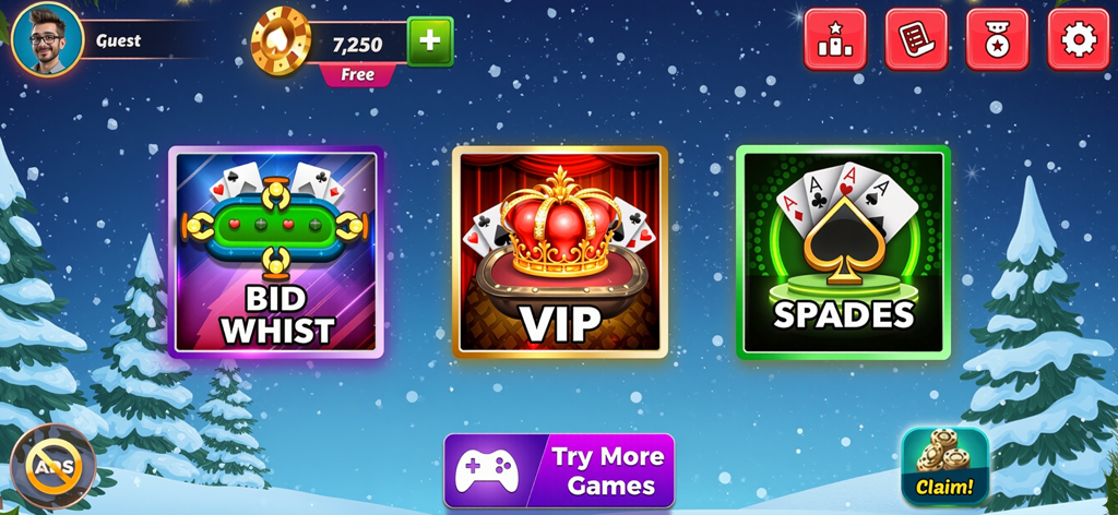 Spades Bid Whist: Card Games - La pantalla del menú principal del juego de cartas Spades Bid Whist que muestra opciones para los modos Bid Whist, VIP y Spades con un fondo de invierno.