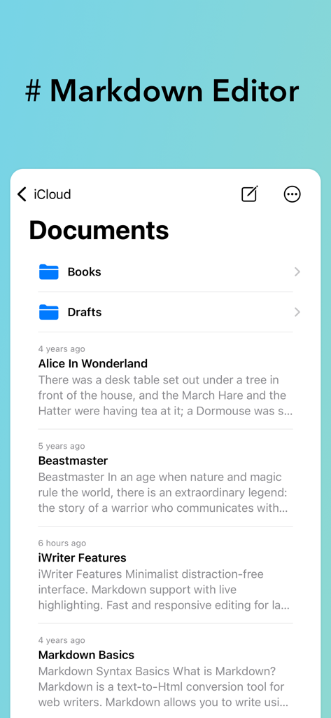 Interfaz de la aplicación iWriter 2 que muestra el gestor de documentos con carpetas y archivos de texto Markdown.