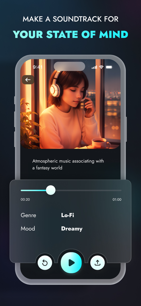 AI Melody Generator: Make Song - AI Melody Generator interface showing a dreamy Lo-fi music track creation based on a text prompt