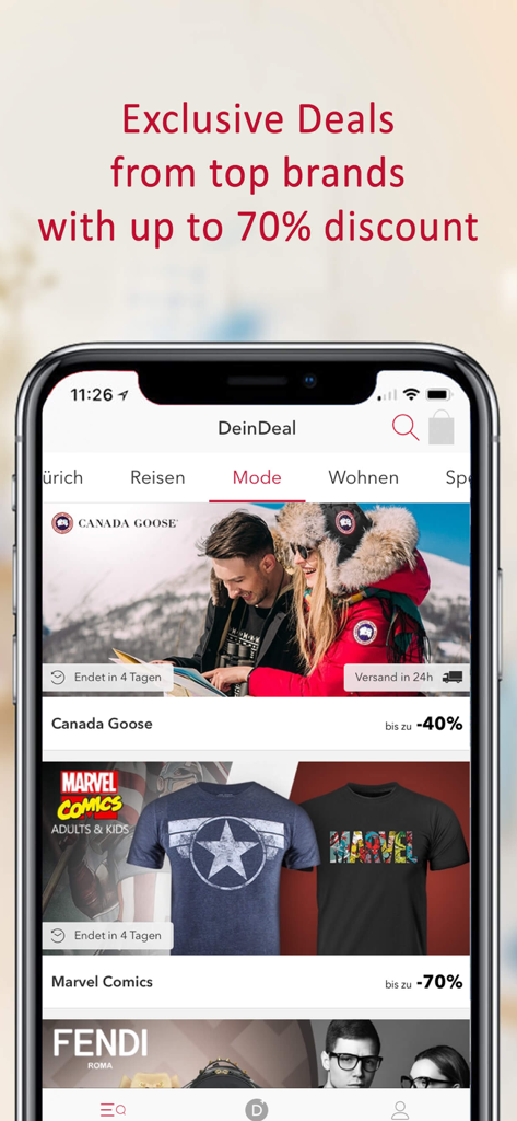 DeinDeal-Mobile-App zeigt exklusive Rabatte auf Top-Marken wie Canada Goose und Marvel Comics.
