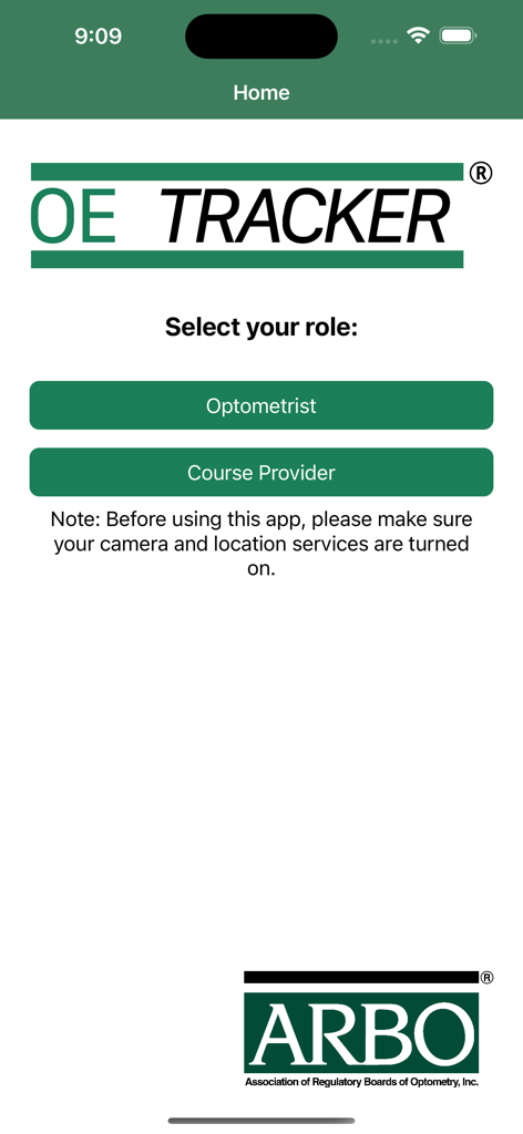 OE TRACKER attendance app - OE TRACKER app home screen with selection for Optometrist or Course Provider roles
