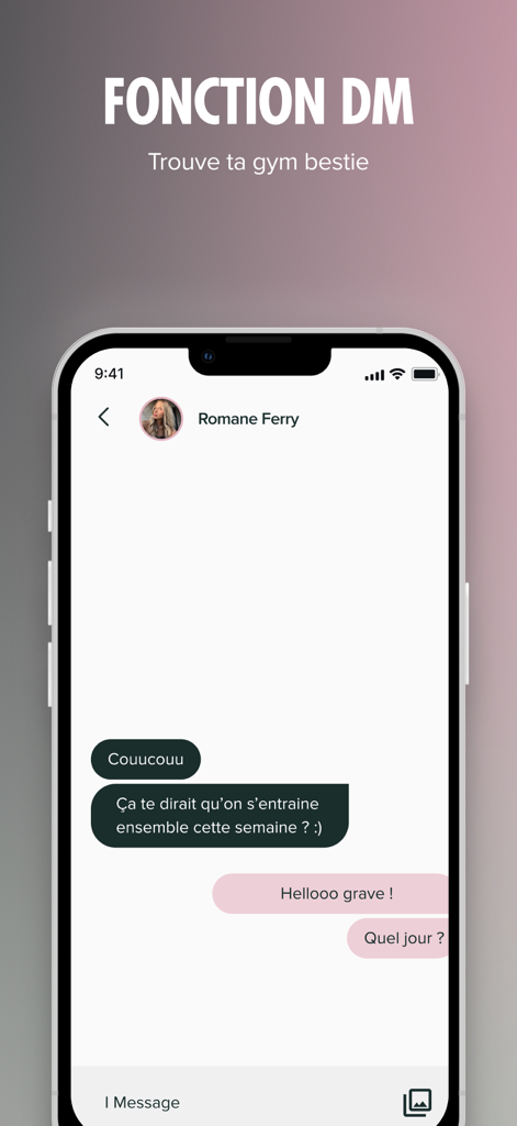 Elevate - Écran de messagerie de l'application Elevate montrant un chat communautaire pour trouver un partenaire d'entraînement