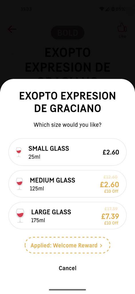 Vagabond Wines - Vagabond Wines app screen for choosing wine glass sizes with applied discounts