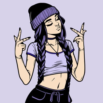 realistic teenage girl with braids and a beanie and crop top doing 🫶🏼