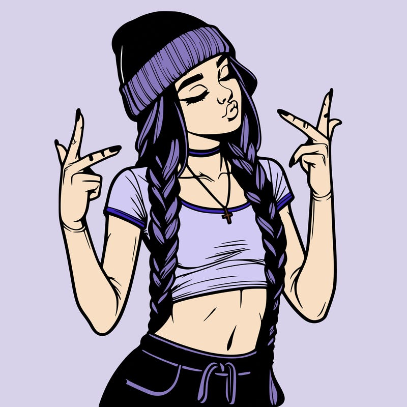 realistic teenage girl with braids and a beanie and crop top doing 🫶🏼