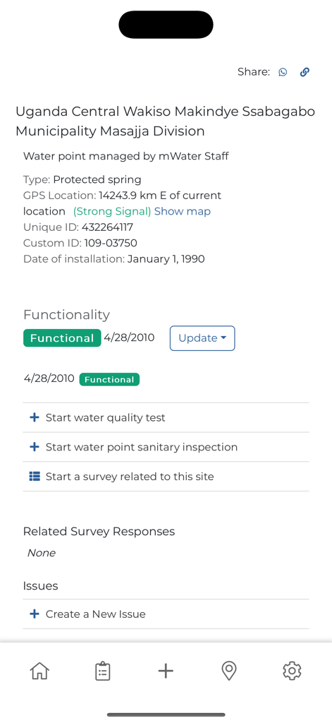 mWater Surveyor - Interface of mWater Surveyor app showing details and status of a protected spring water point in Uganda