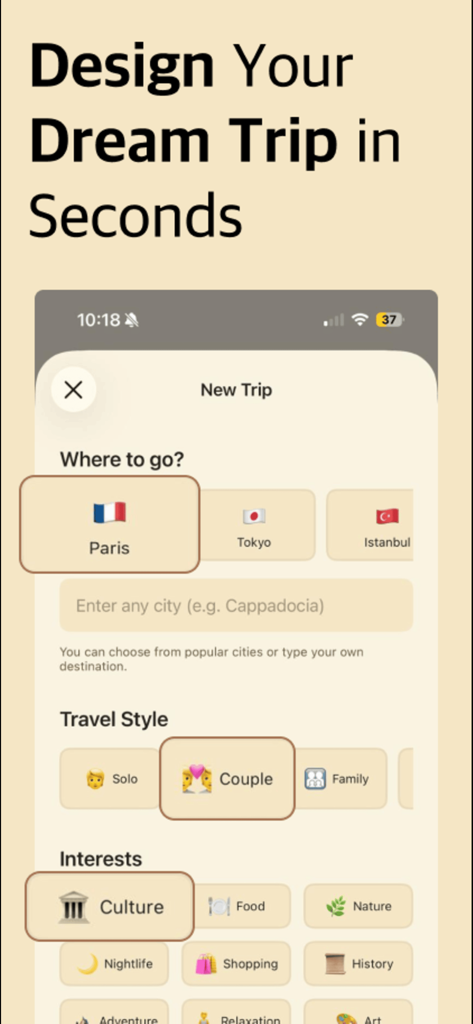 새로운 여행을 만들기 위해 목적지 여행 스타일 및 관심사를 선택하는 옵션을 보여주는 여행 플래너 앱의 스크린샷