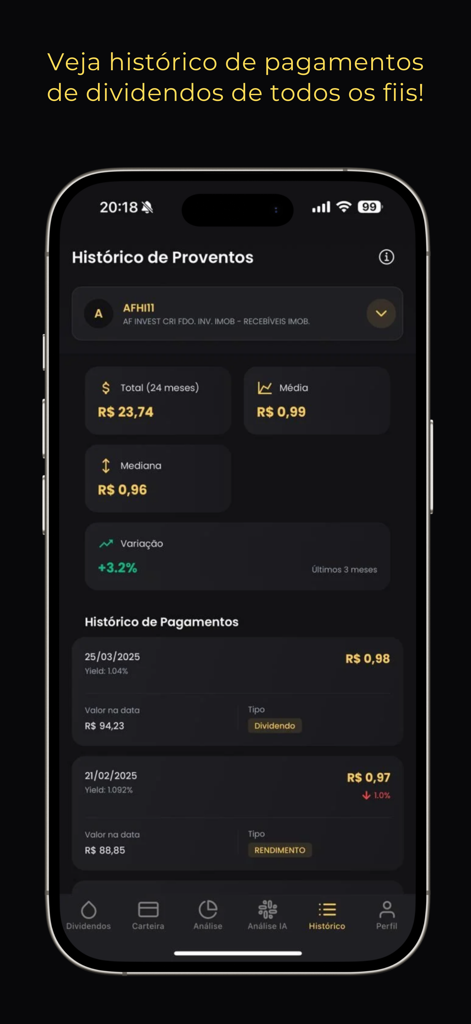 Renda Fiis: Fundos Imobiliário - Earnings history and payment details for Brazilian real estate funds in the Renda Fiis mobile app.