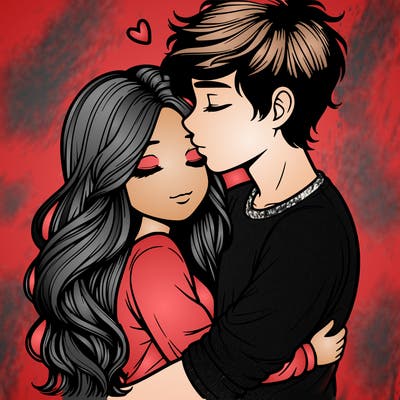 a realistic couple boy and girl hugging and kissing