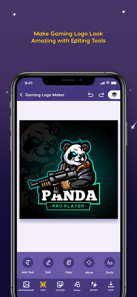 Logo Esport Maker - Logo Maker - A mobile app interface showing a panda mascot gaming logo with various professional editing and design tools at the bottom