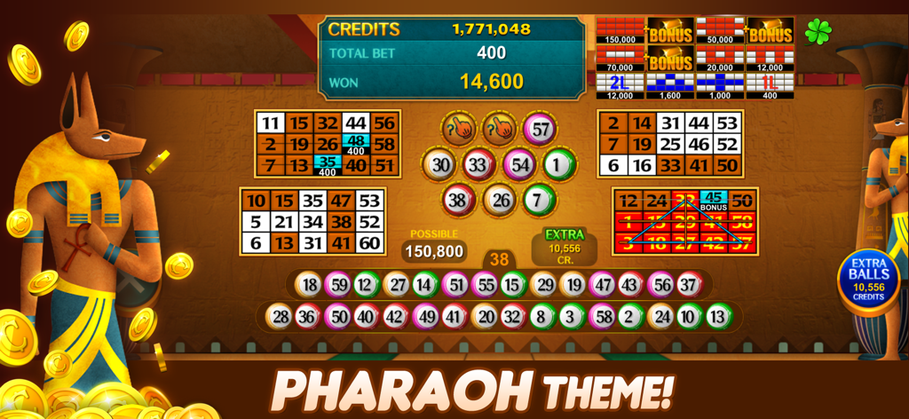 Luck'e Bingo : Video Bingo - Luck e Bingo Pharaoh themed gameplay screen featuring Egyptian motifs and multiple bingo cards